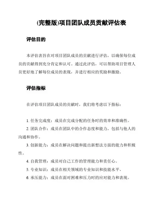 (完整版)项目团队成员贡献评估表