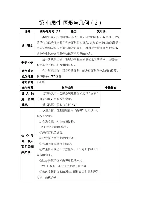 人教版三年级下册《总复习：图形与几何(2)》教学设计及反思