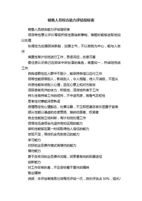 销售人员综合能力评估指标表