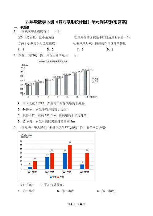 四年级数学下册《复式条形统计图》单元测试卷(附答案)
