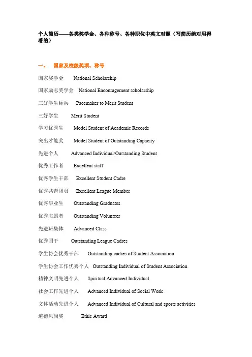 英文各类奖项