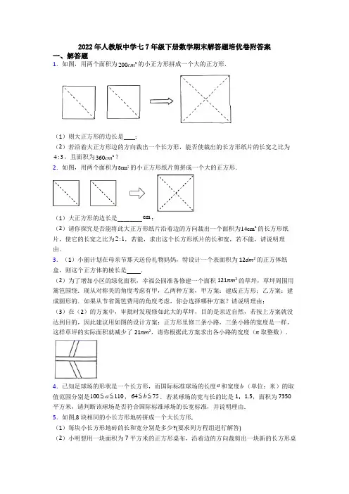 2022年人教版中学七7年级下册数学期末解答题培优卷附答案