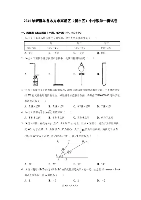 2024年新疆乌鲁木齐市高新区(新市区)中考数学一模试卷及参考答案