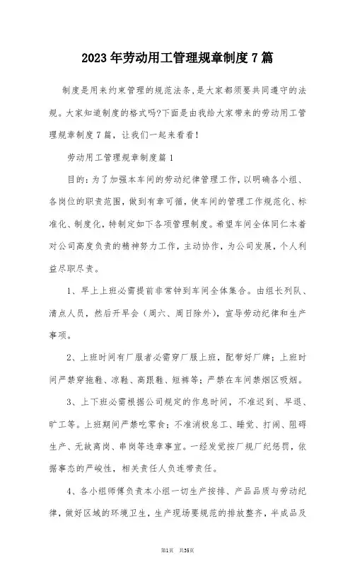 2023年劳动用工管理规章制度7篇
