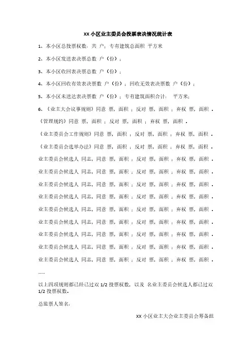 XX小区业主委员会投票表决情况统计表