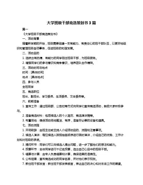 大学班级干部竞选策划书3篇