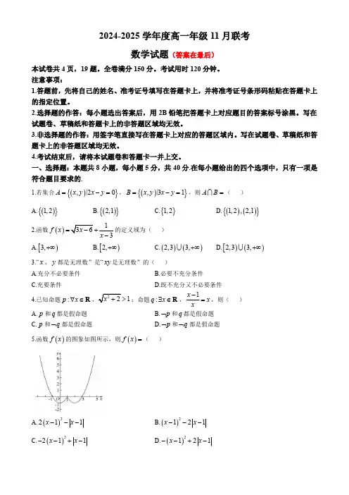 广东省衡水金卷2024-2025学年高一上学期11月联考试题 数学含答案