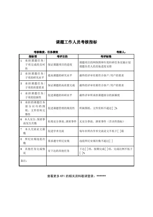 研究室课题工作人员关键业绩考核指标 KPI 