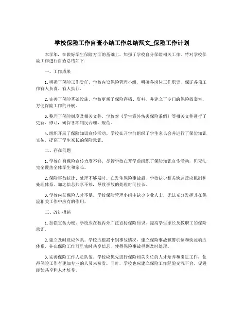 学校保险工作自查小结工作总结范文_保险工作计划