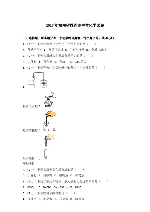 【精编】2017年湖南省株洲市中考化学试卷与答案
