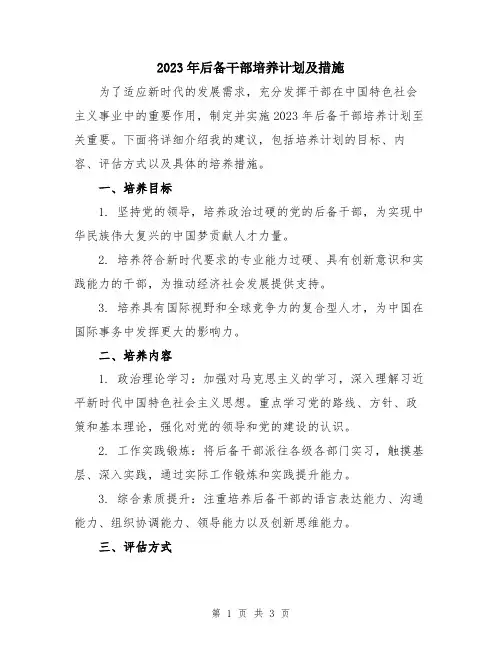 2023年后备干部培养计划及措施 