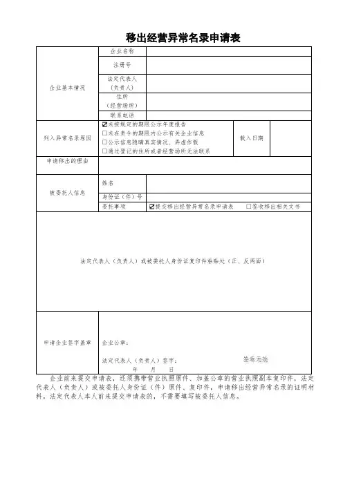 移出经营异常名录申请表
