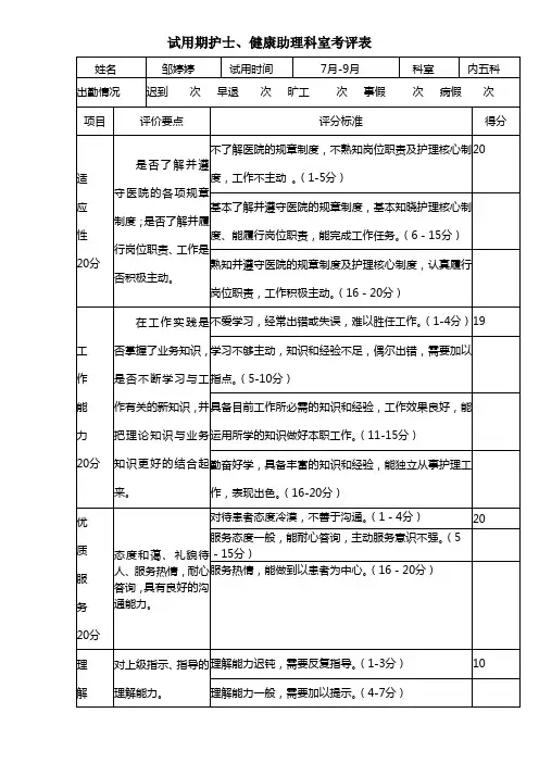 试用期护士评价