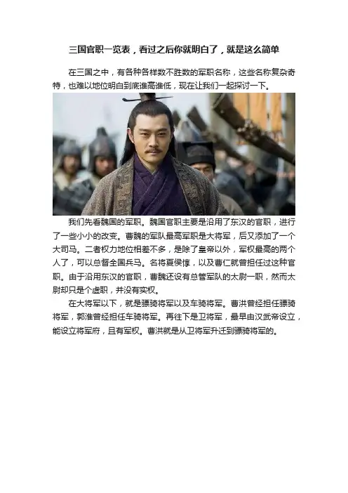 三国官职一览表，看过之后你就明白了，就是这么简单