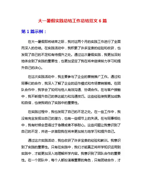 大一暑假实践总结工作总结范文6篇