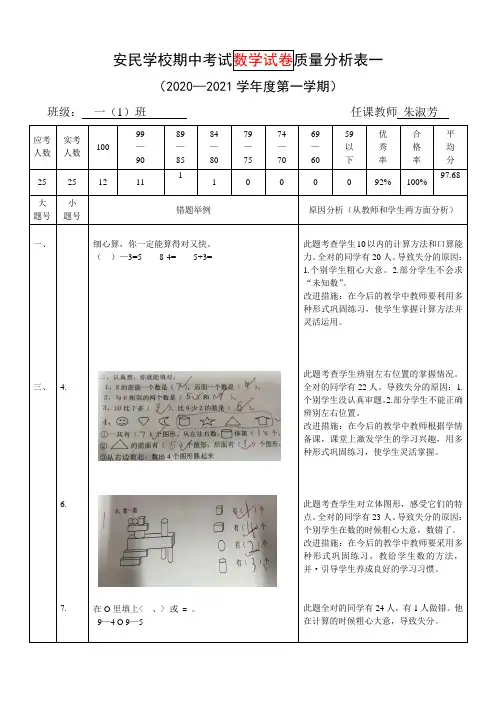 一年级一班数学质量分析