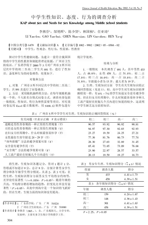 中学生性知识、态度、行为的调查分析