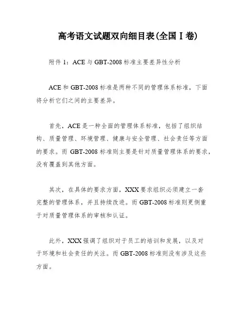 高考语文试题双向细目表(全国Ⅰ卷)