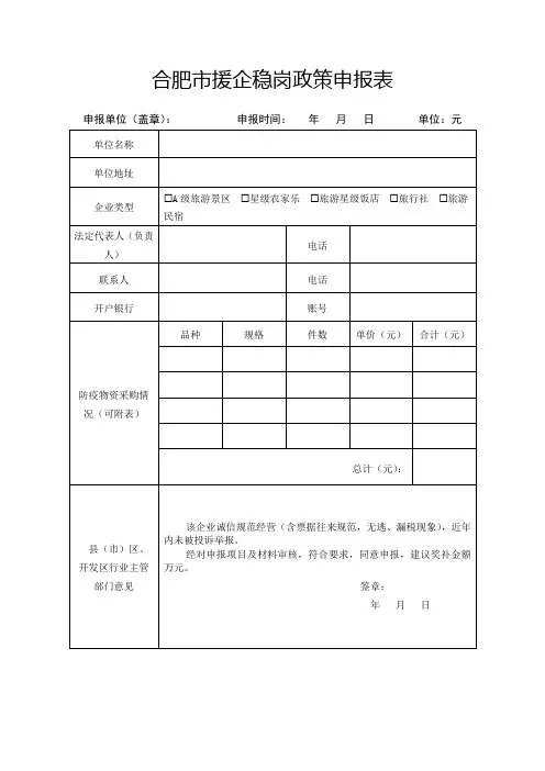 合肥市援企稳岗政策申报表