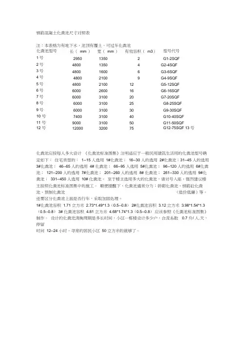 钢筋混凝土化粪池尺寸对照表word精品