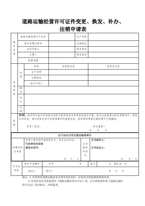 长沙市交通运输局道路运输经营许可证换证、变更、补发、注销申请表