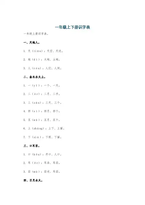 一年级上下册识字表