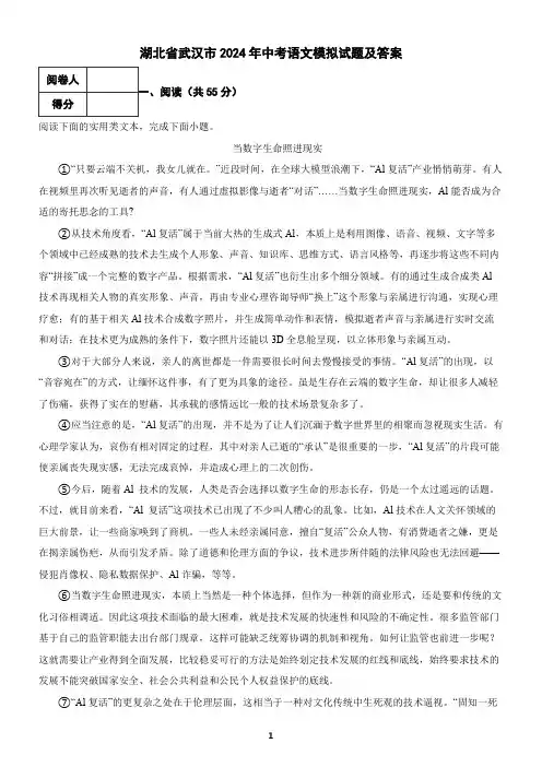 湖北省武汉市2024年中考语文模拟试题及答案1
