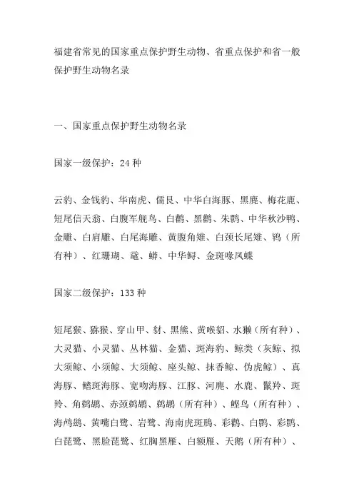 福建省常见的国家重点保护野生动物、省重点保护和省一般保护野生动物名录