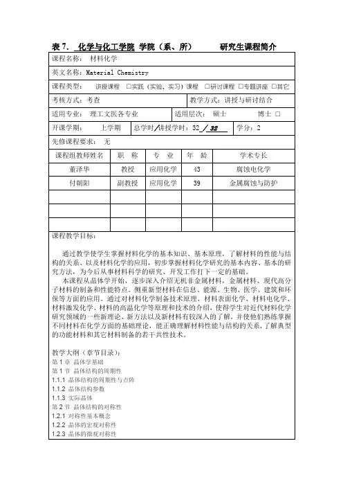 表7. 化学与化工学院 学院(系、所) 研究生课程简介