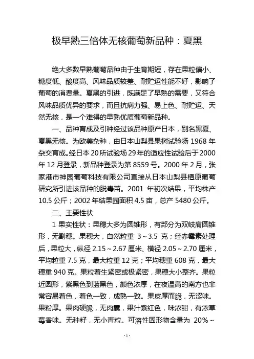 极早熟三倍体无核葡萄新品种：夏黑