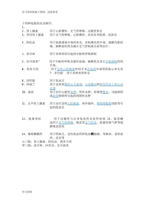 十四种抢救药品及顺序