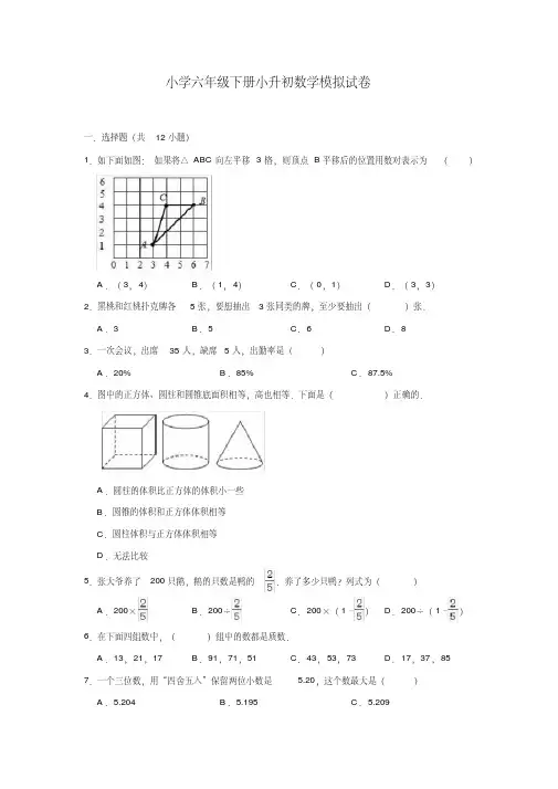 2020年苏教版小升初数学模拟试卷4有详细解析答案