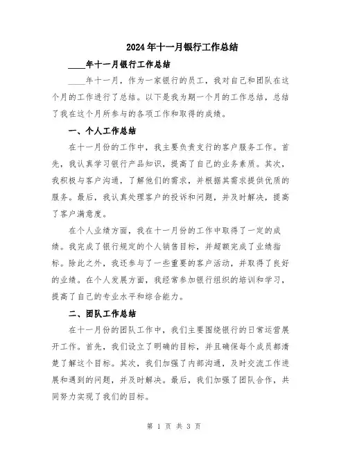 2024年十一月银行工作总结