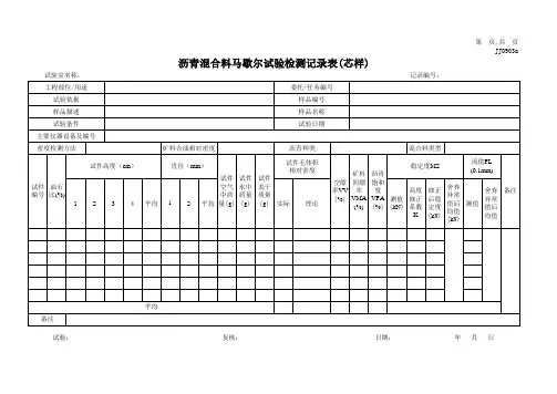 沥青混合料马歇尔试验检测记录表(芯样)