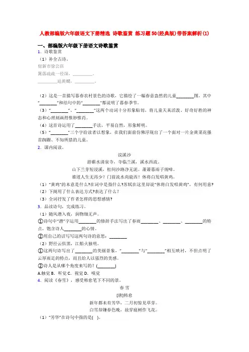 人教部编版六年级语文下册精选 诗歌鉴赏 练习题50(经典版)带答案解析(1)