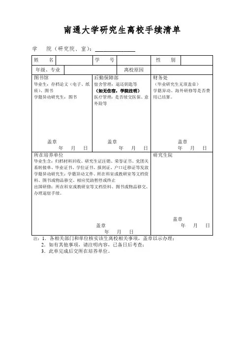 南通大学研究生离校手续清单