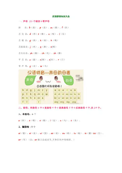 小学一年级汉语拼音知识大全(韵母+声母+标调规则+拼写规律)