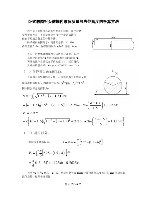 卧式椭园封头储罐内液体质量与液位高度的对应关系计算