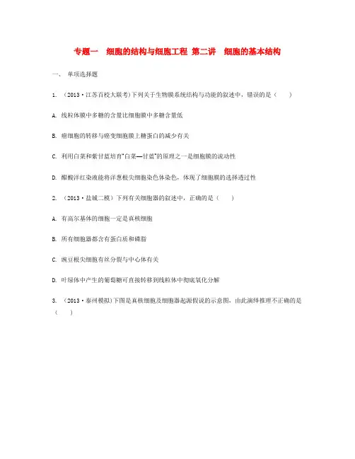 高考生物二轮 专题一 细胞的结构与细胞工程 第二讲 细胞的基本结构检测与评估试题