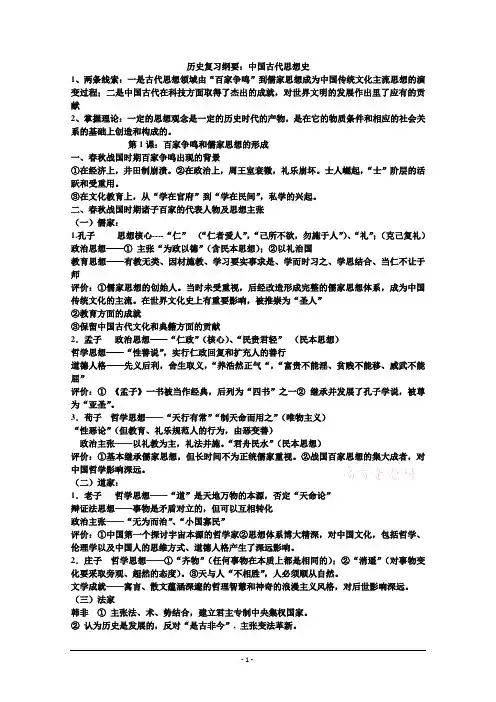 历史复习纲要中国古代思想史