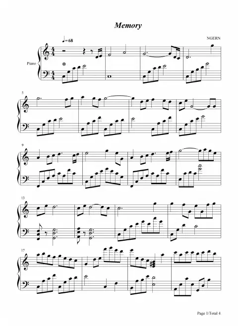 钢琴谱 Memory-C调简单版-入殓师主题曲 五线谱_共4张(全)