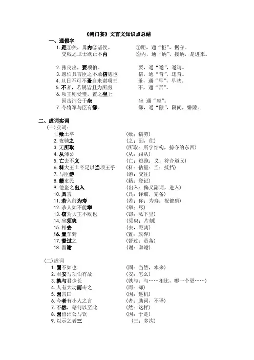 (完整版)高中语文《鸿门宴》知识点总大全结,一词多义,通假字,词类活用,虚词实词,特殊句式等,推荐文档