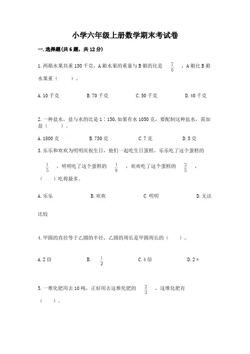 小学六年级上册数学期末考试卷及参考答案(完整版)