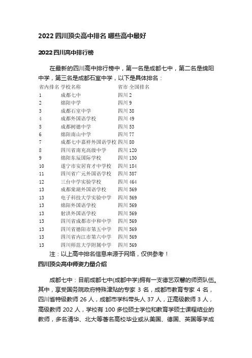 2022四川顶尖高中排名哪些高中最好