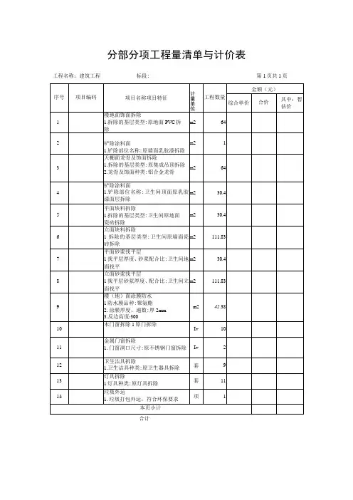 分部分项工程量清单与计价表
