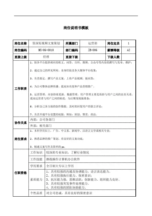 资深短视频文案策划岗位说明书工作职责模板