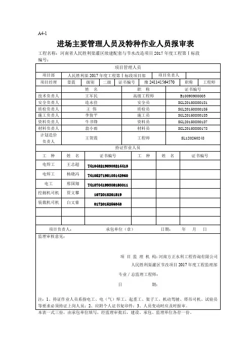 进场主要管理人员及特种作业人员报审表12.30