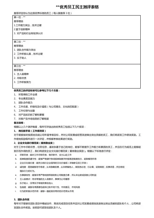 公司优秀员工民主测评表格