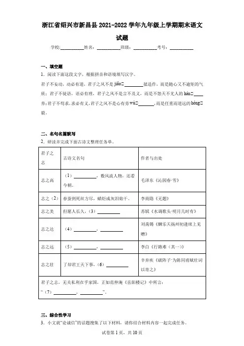 浙江省绍兴市新昌县2021-2022学年九年级上学期期末语文试题