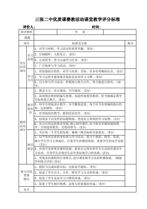 优质课赛教活动课堂教学评分标准